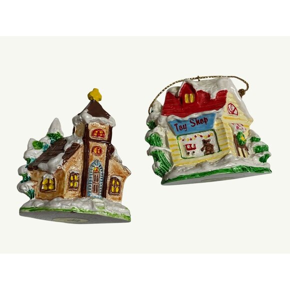 Russ Berrie Vintage Ceramic Christmas Ornaments Set Of 2 Church and Toy Shop - Picture 2 of 8